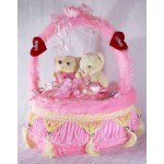 Beautiful Pink Decorated Heart Cake Plush Cushion with Love Couple Teddy Bears